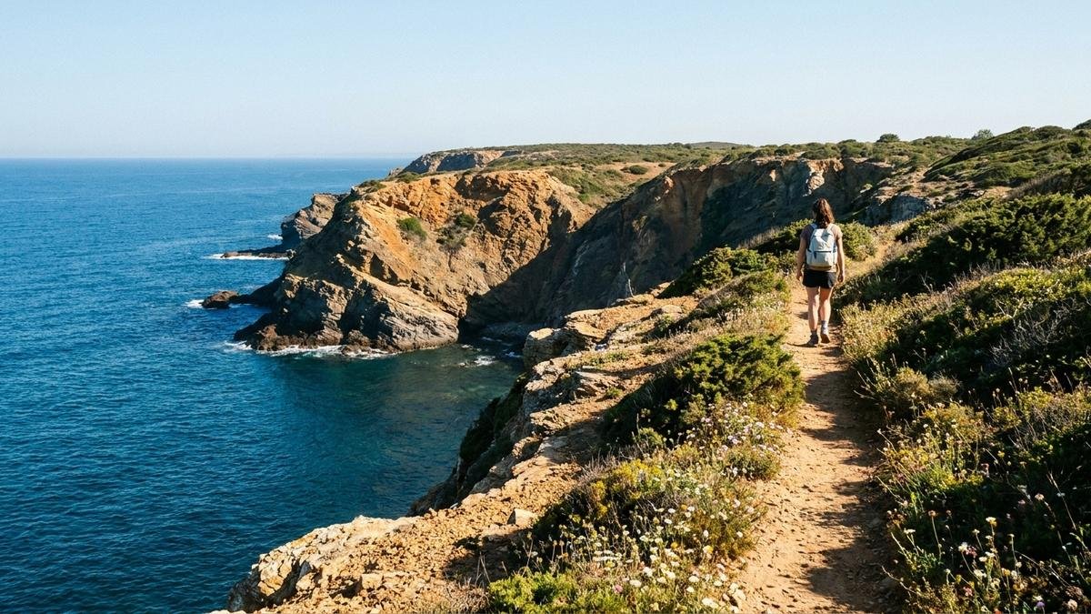 Randonneur avec un sac de journée sur un sentier côtier
